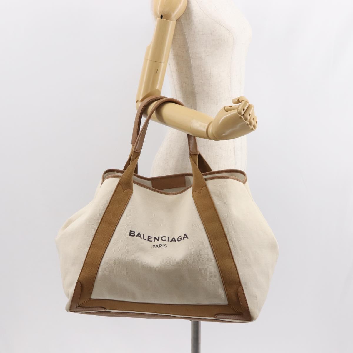BALENCIAGA Navy Cabas Bag Canvas Leather Light Beige Silver 339936 Auth gh1160