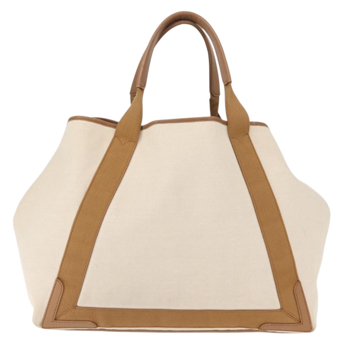 BALENCIAGA Navy Cabas Bag Canvas Leather Light Beige Silver 339936 Auth gh1160