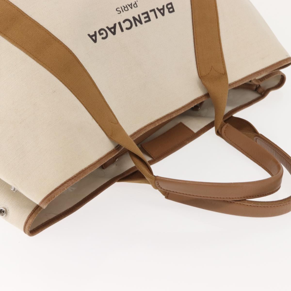 BALENCIAGA Navy Cabas Bag Canvas Leather Light Beige Silver 339936 Auth gh1160