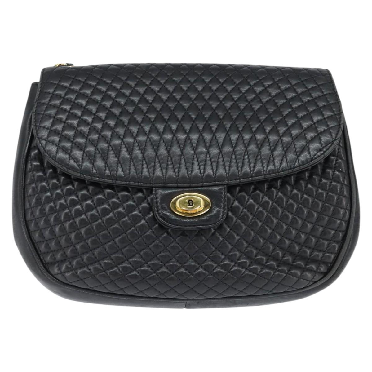 BALLY Quilted Chain Shoulder Bag Leather Black Gold Auth gh1162