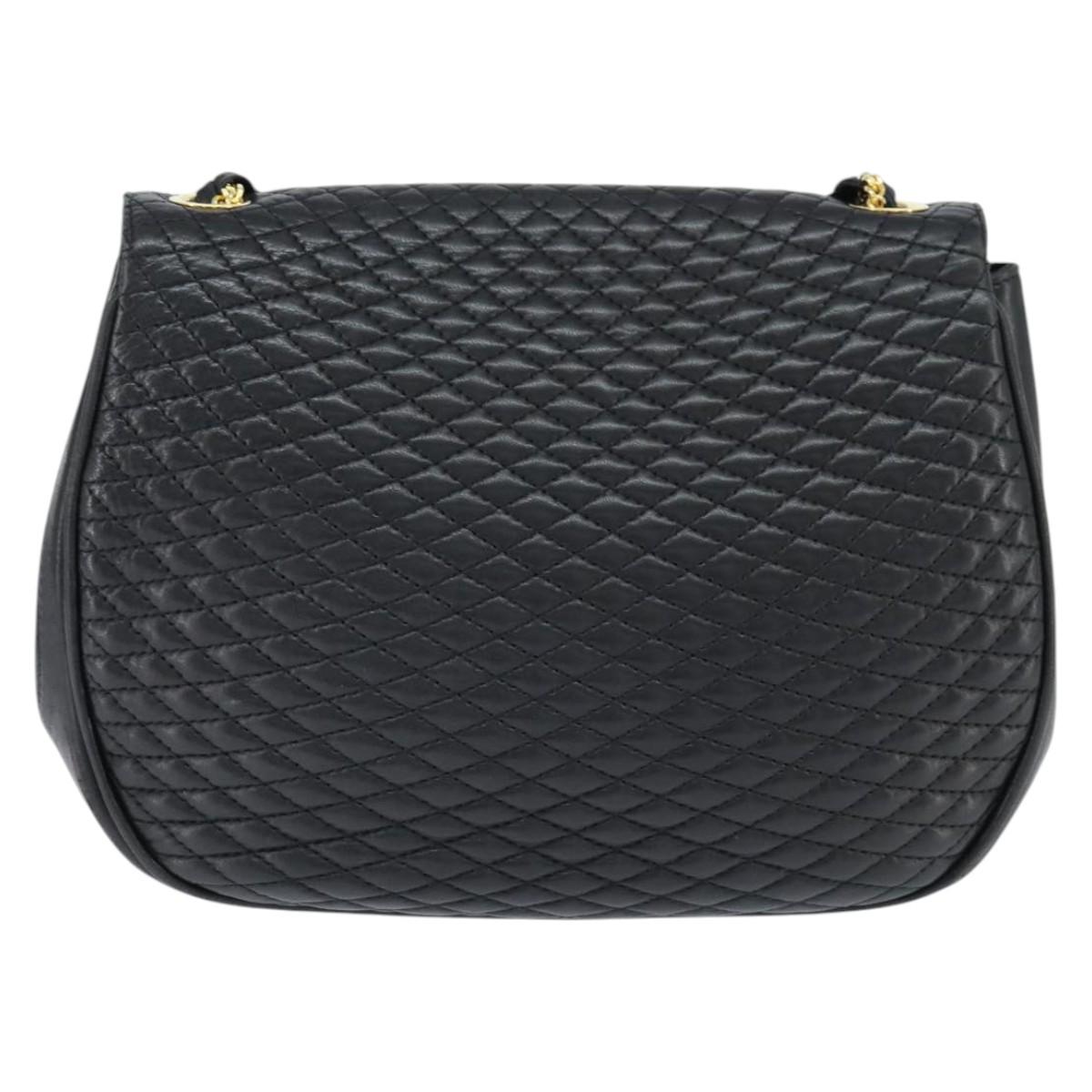 BALLY Quilted Chain Shoulder Bag Leather Black Gold Auth gh1162