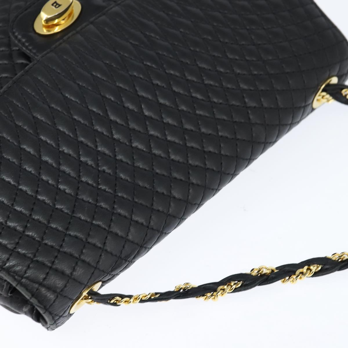 BALLY Quilted Chain Shoulder Bag Leather Black Gold Auth gh1162