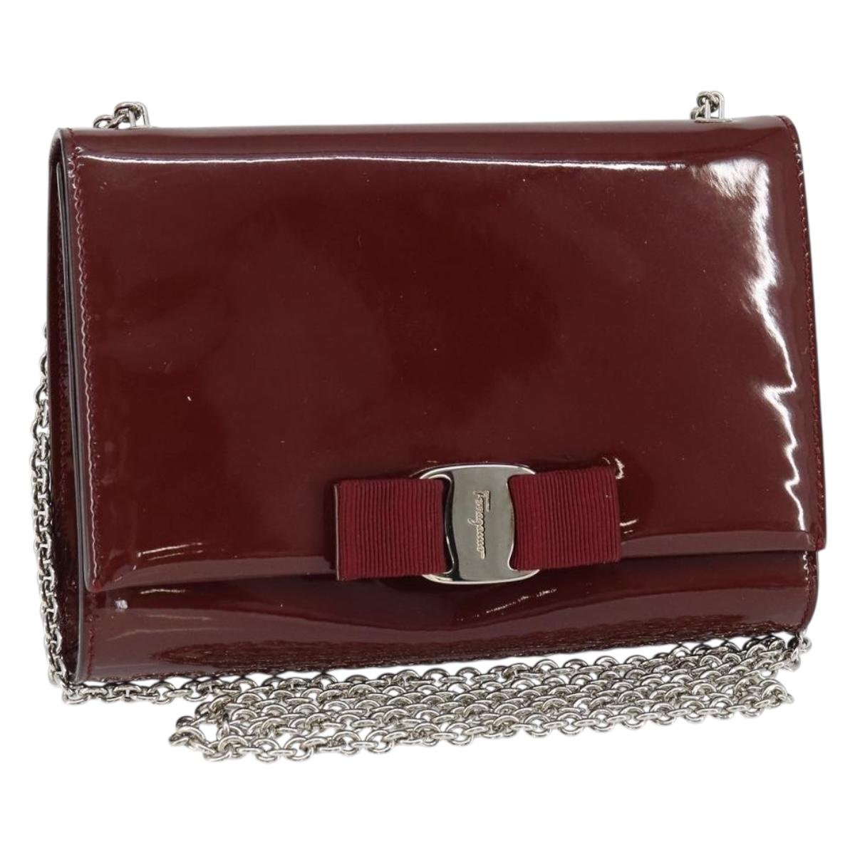 Salvatore Ferragamo Vala Chain Shoulder Bag Enamel Red Silver Auth gh1177