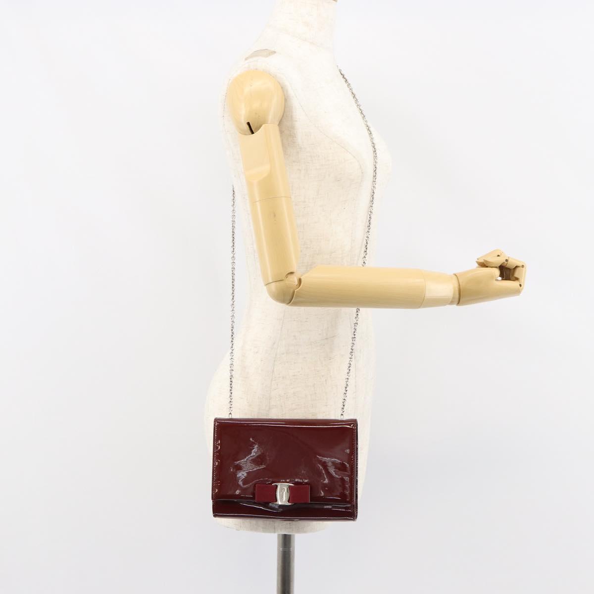 Salvatore Ferragamo Vala Chain Shoulder Bag Enamel Red Silver Auth gh1177