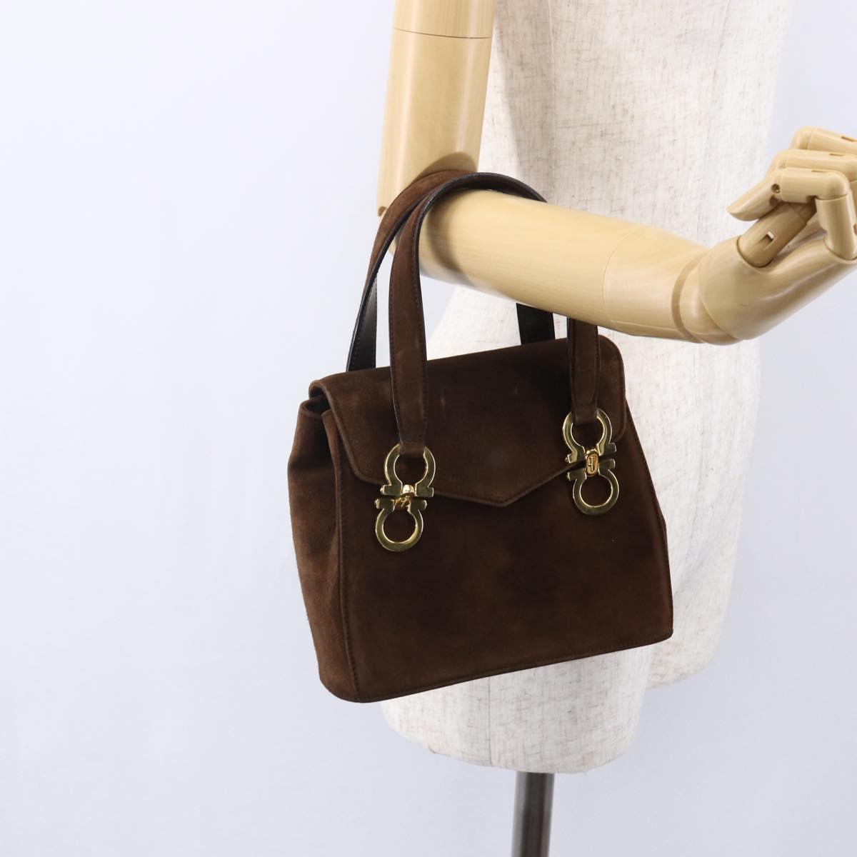 Salvatore Ferragamo Gancini Hand Bag Suede Brown Gold Auth gh1183