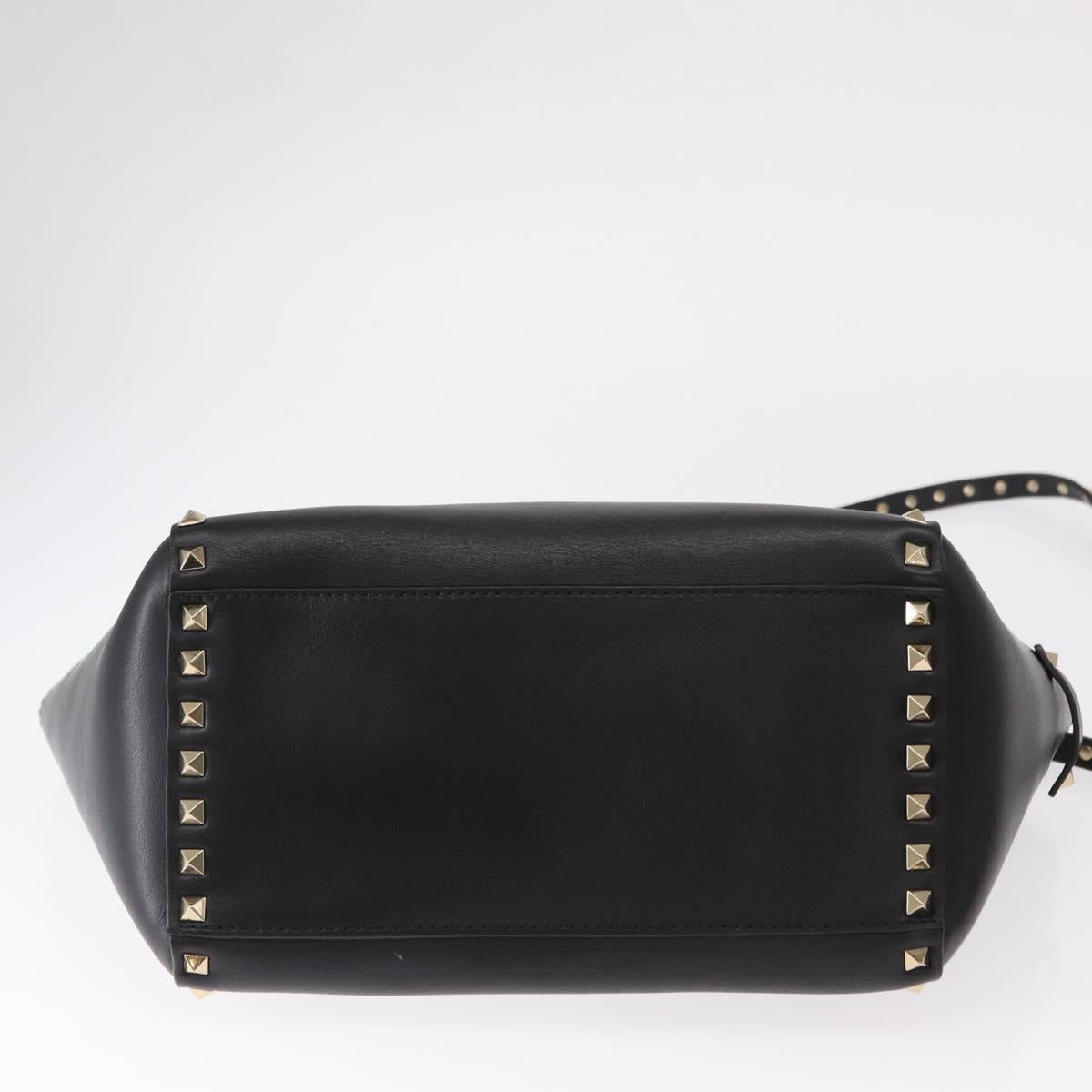 VALENTINO Studs Hand Bag Leather 2way Black Gold Auth gh1199