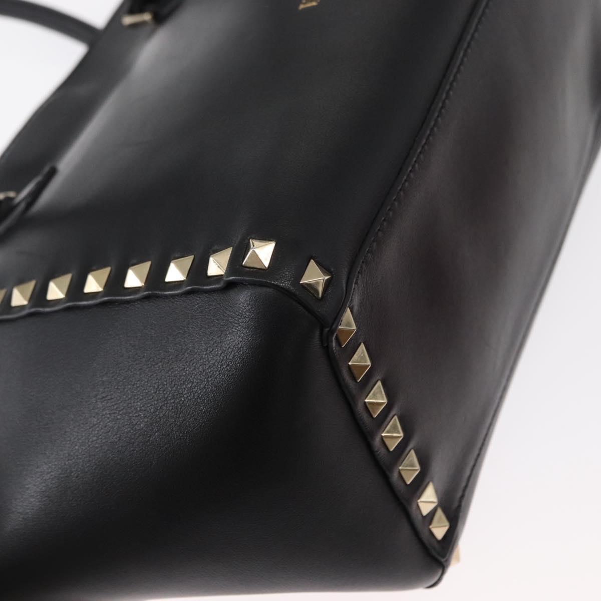 VALENTINO Studs Hand Bag Leather 2way Black Gold Auth gh1199