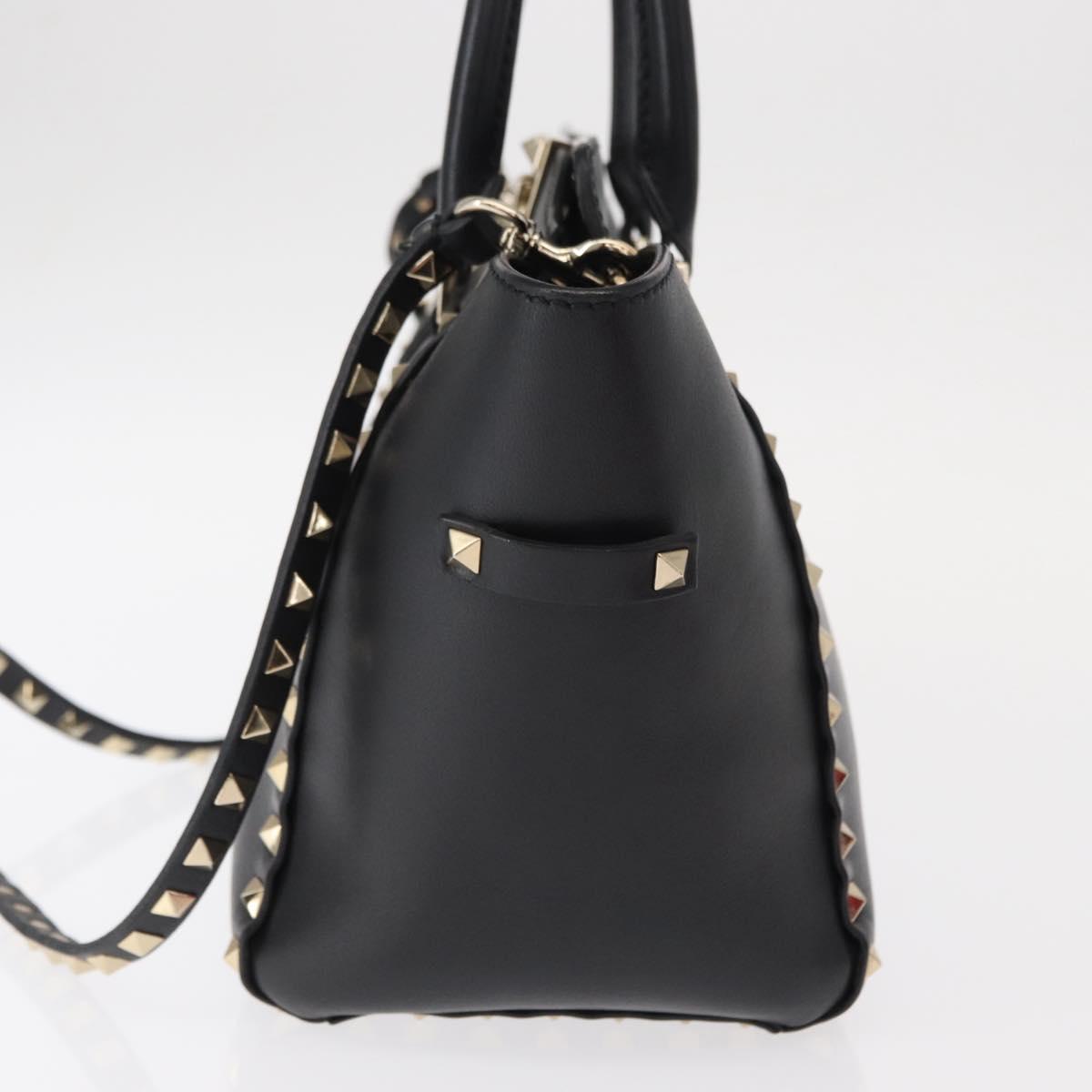 VALENTINO Studs Hand Bag Leather 2way Black Gold Auth gh1199