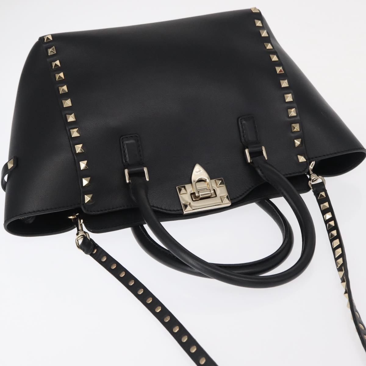 VALENTINO Studs Hand Bag Leather 2way Black Gold Auth gh1199