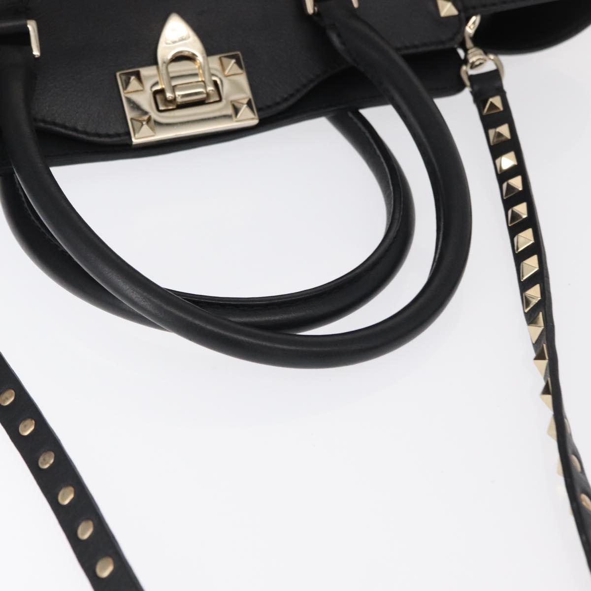 VALENTINO Studs Hand Bag Leather 2way Black Gold Auth gh1199