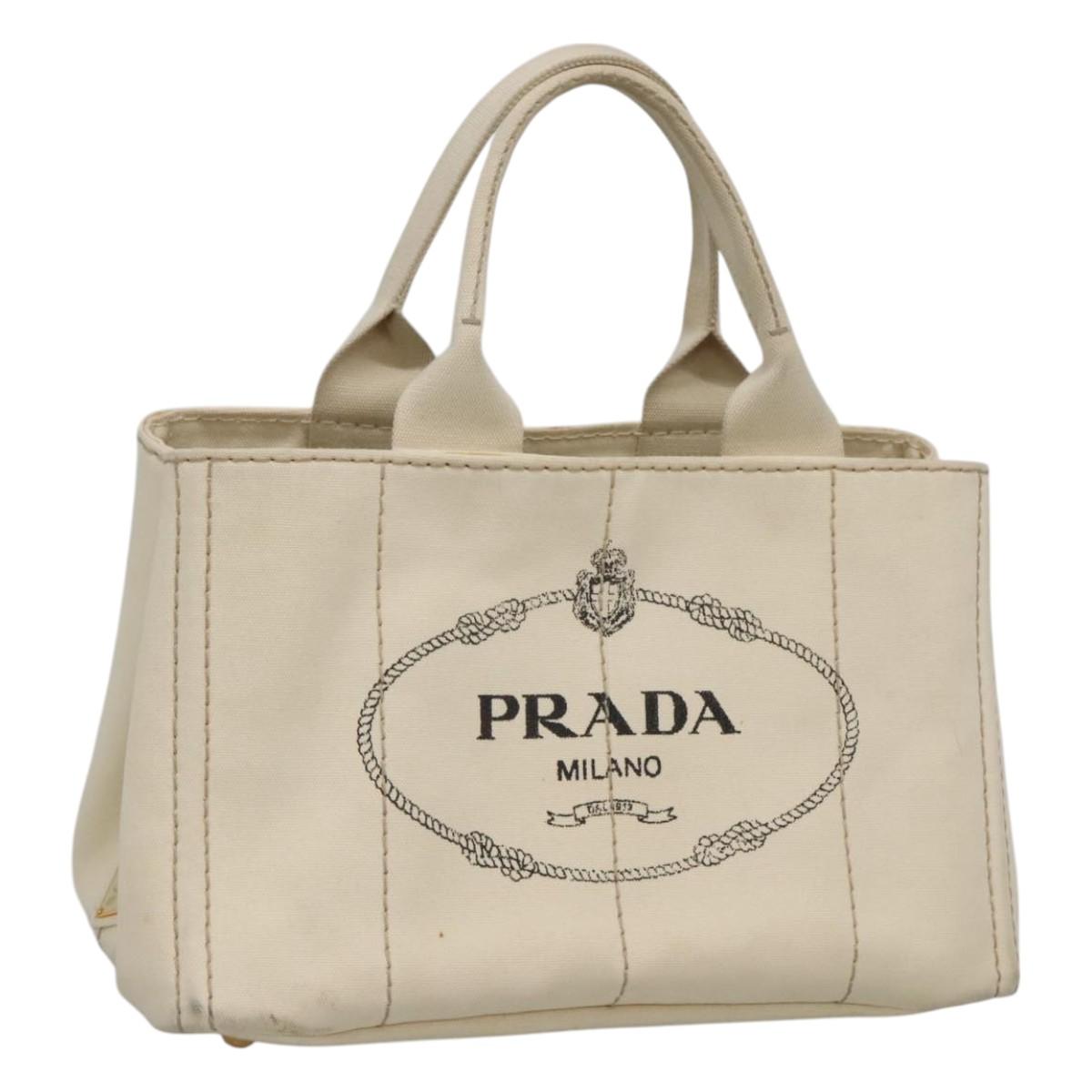 PRADA Canapa MM Hand Bag Canvas White Gold Auth gh122
