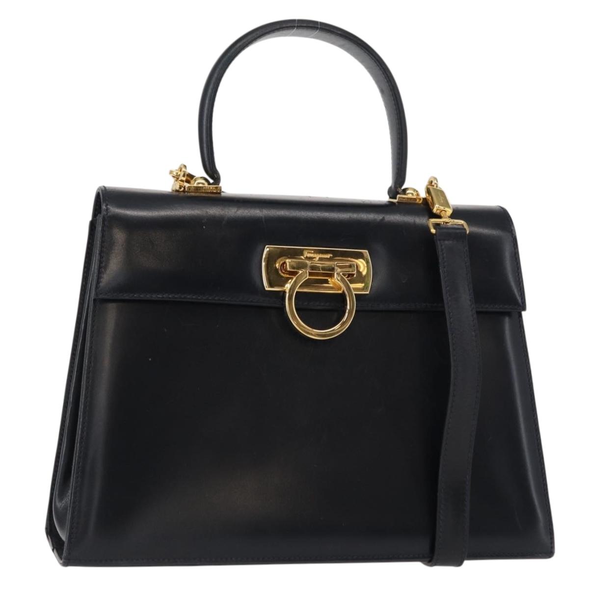 Salvatore Ferragamo Gancini Hand Bag Leather 2way Navy Gold Auth gh1234
