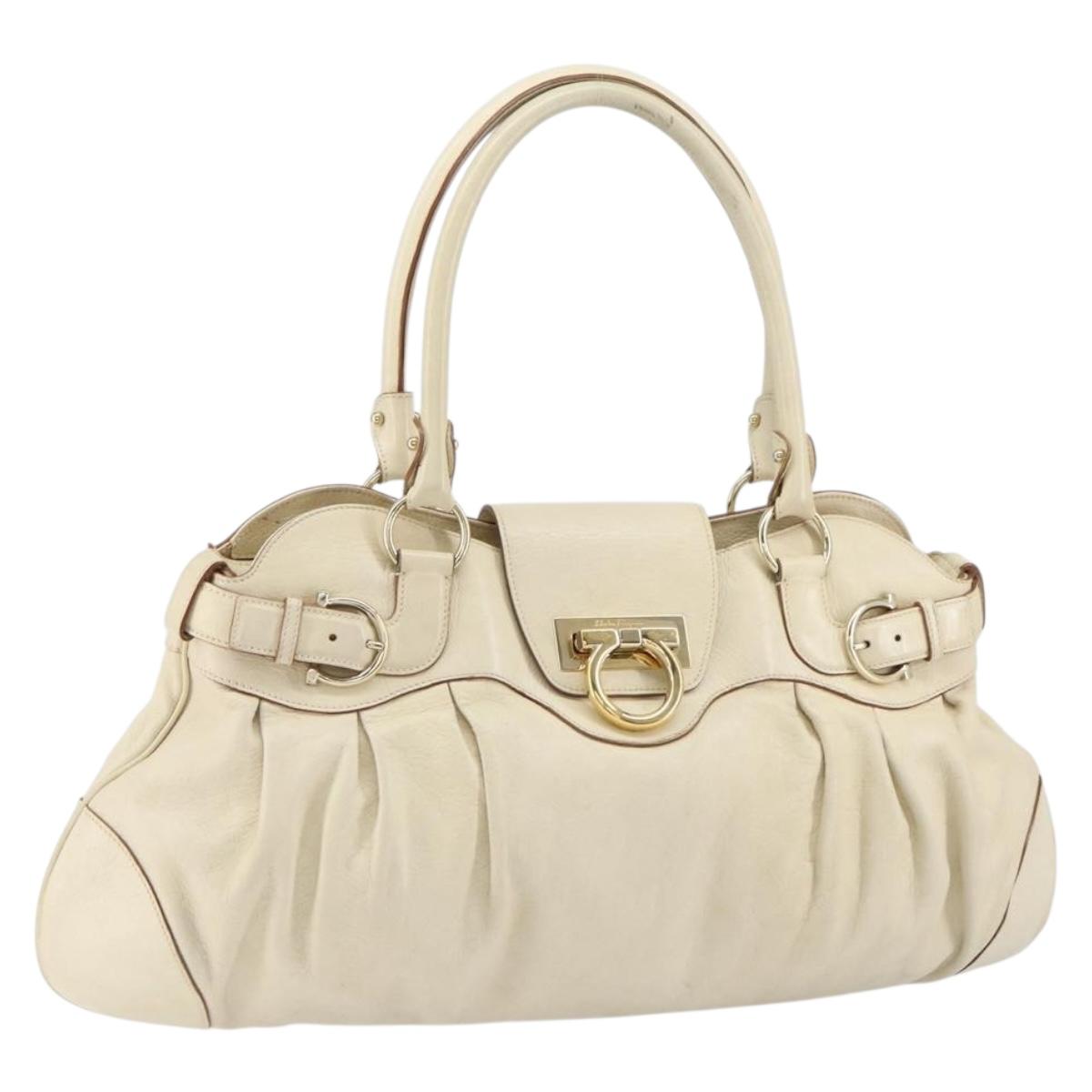 Salvatore Ferragamo Gancini Hand Bag Leather White Gold Auth gh1239
