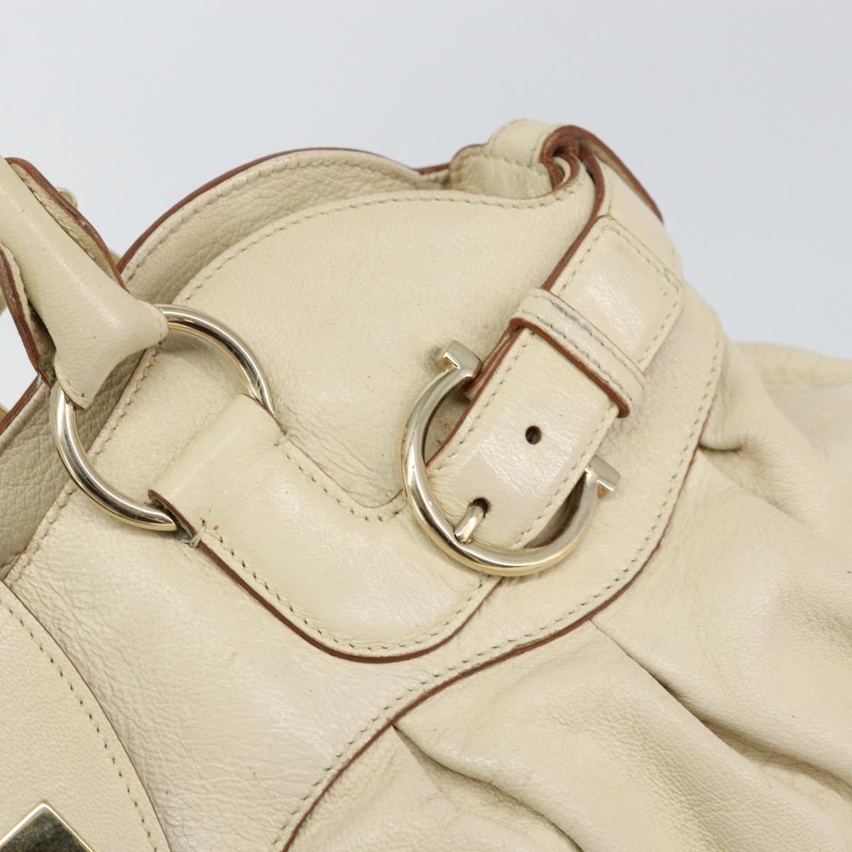 Salvatore Ferragamo Gancini Hand Bag Leather White Gold Auth gh1239