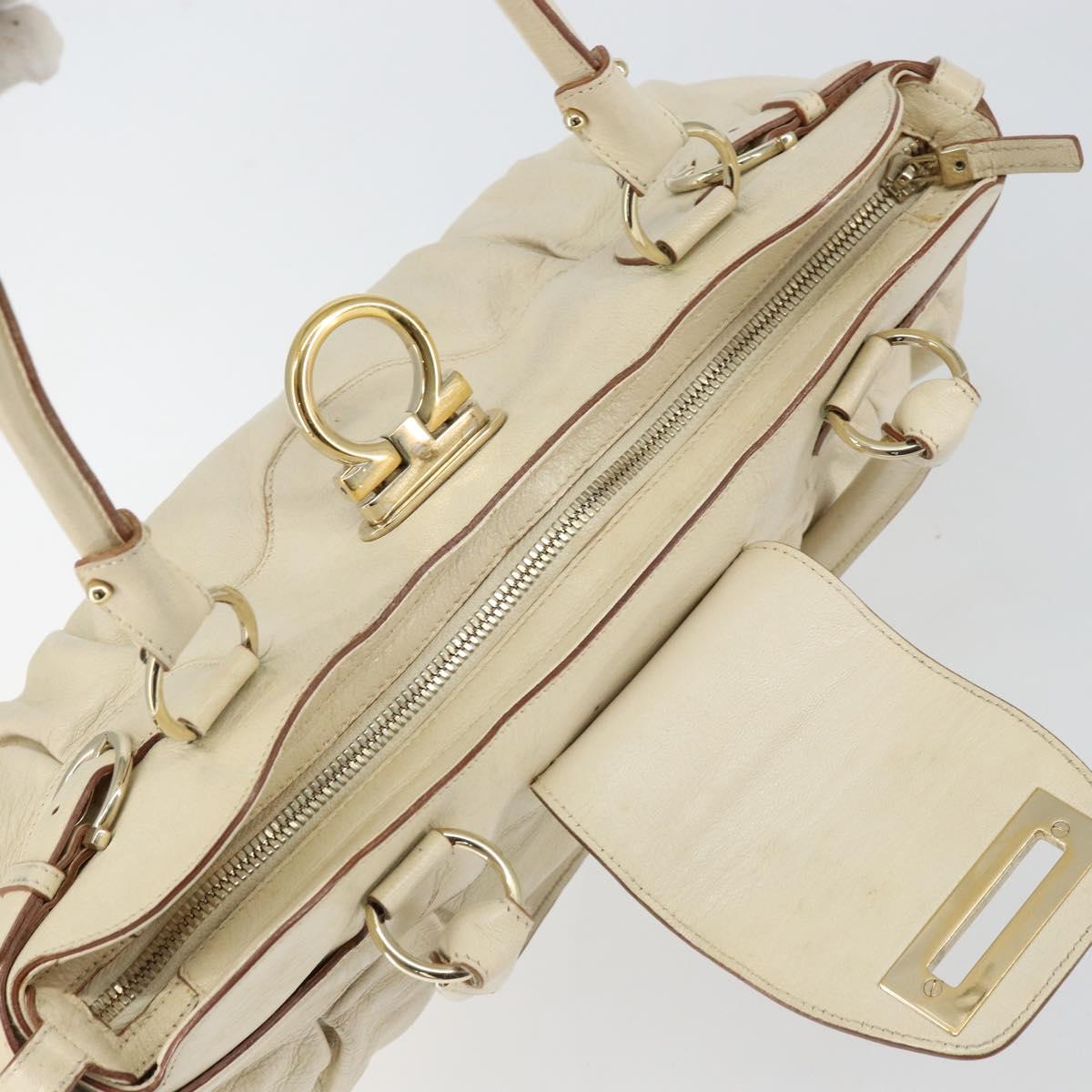 Salvatore Ferragamo Gancini Hand Bag Leather White Gold Auth gh1239