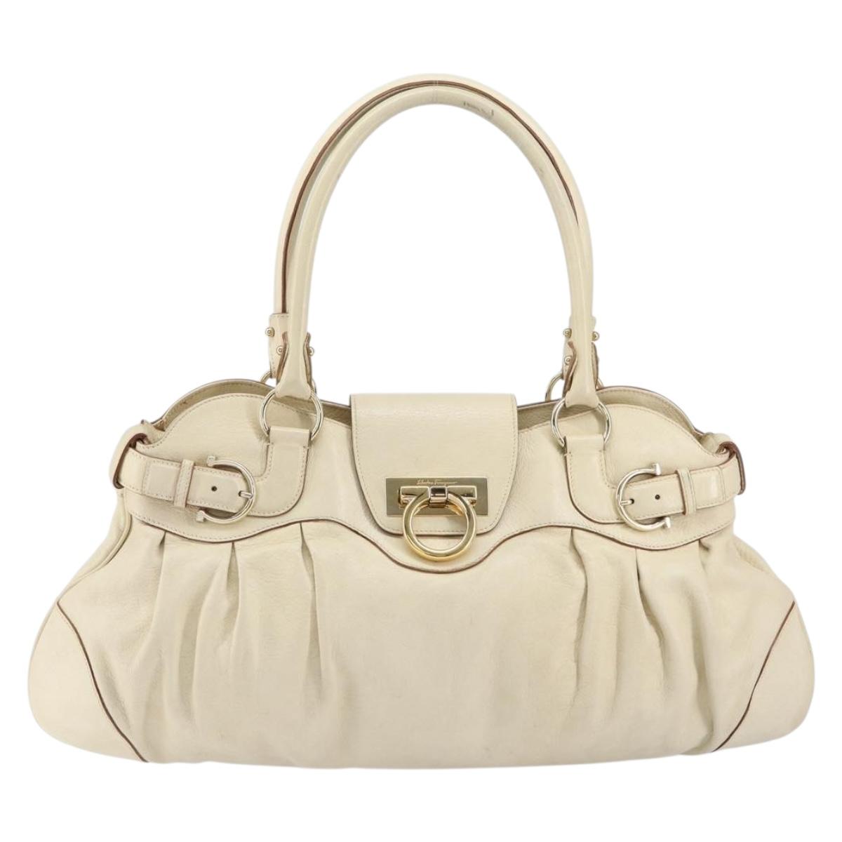 Salvatore Ferragamo Gancini Hand Bag Leather White Gold Auth gh1239