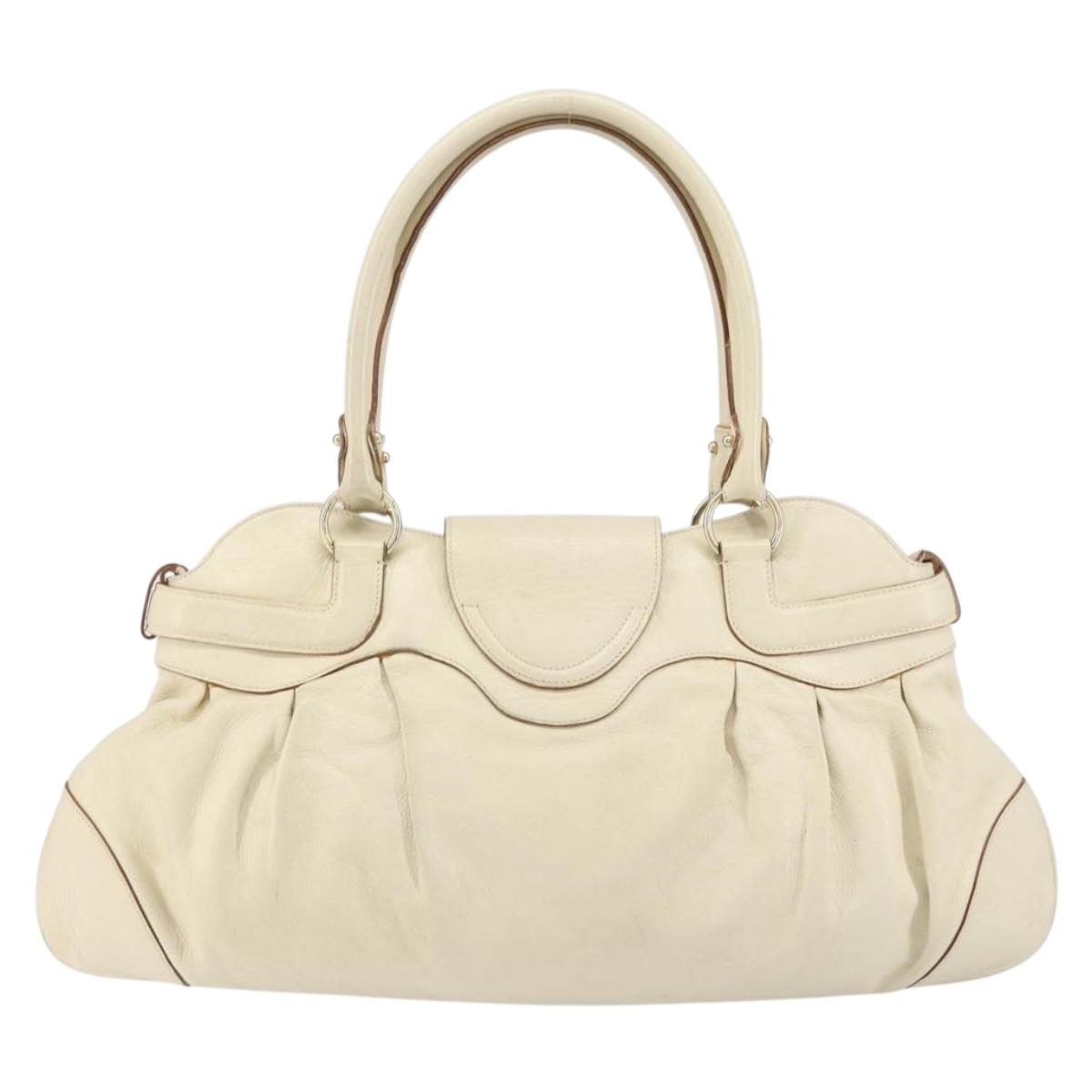 Salvatore Ferragamo Gancini Hand Bag Leather White Gold Auth gh1239