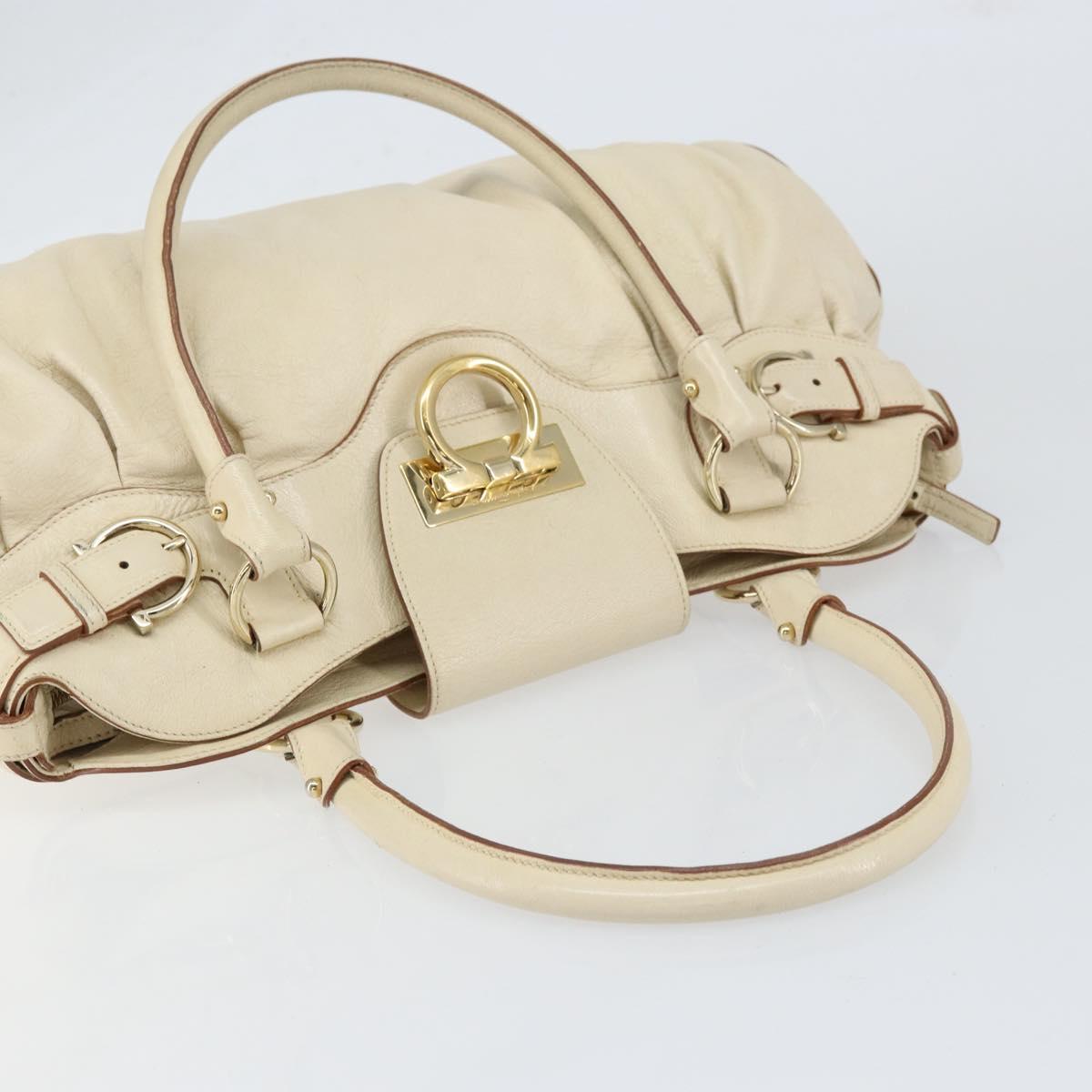 Salvatore Ferragamo Gancini Hand Bag Leather White Gold Auth gh1239