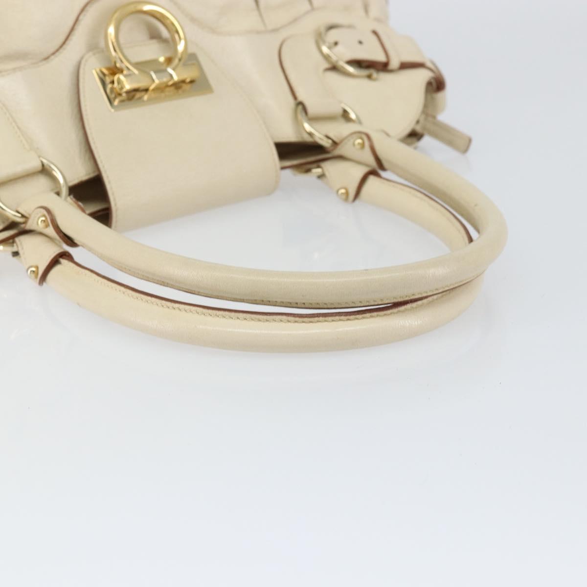 Salvatore Ferragamo Gancini Hand Bag Leather White Gold Auth gh1239