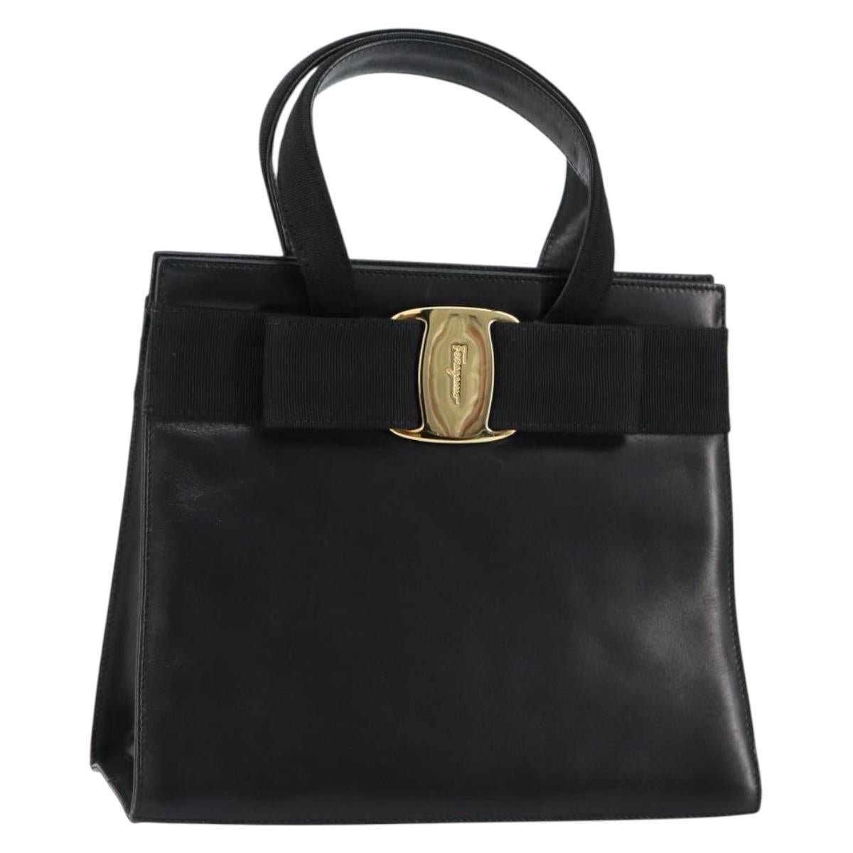 Salvatore Ferragamo Vala Hand Bag Leather Black Gold Auth gh1245