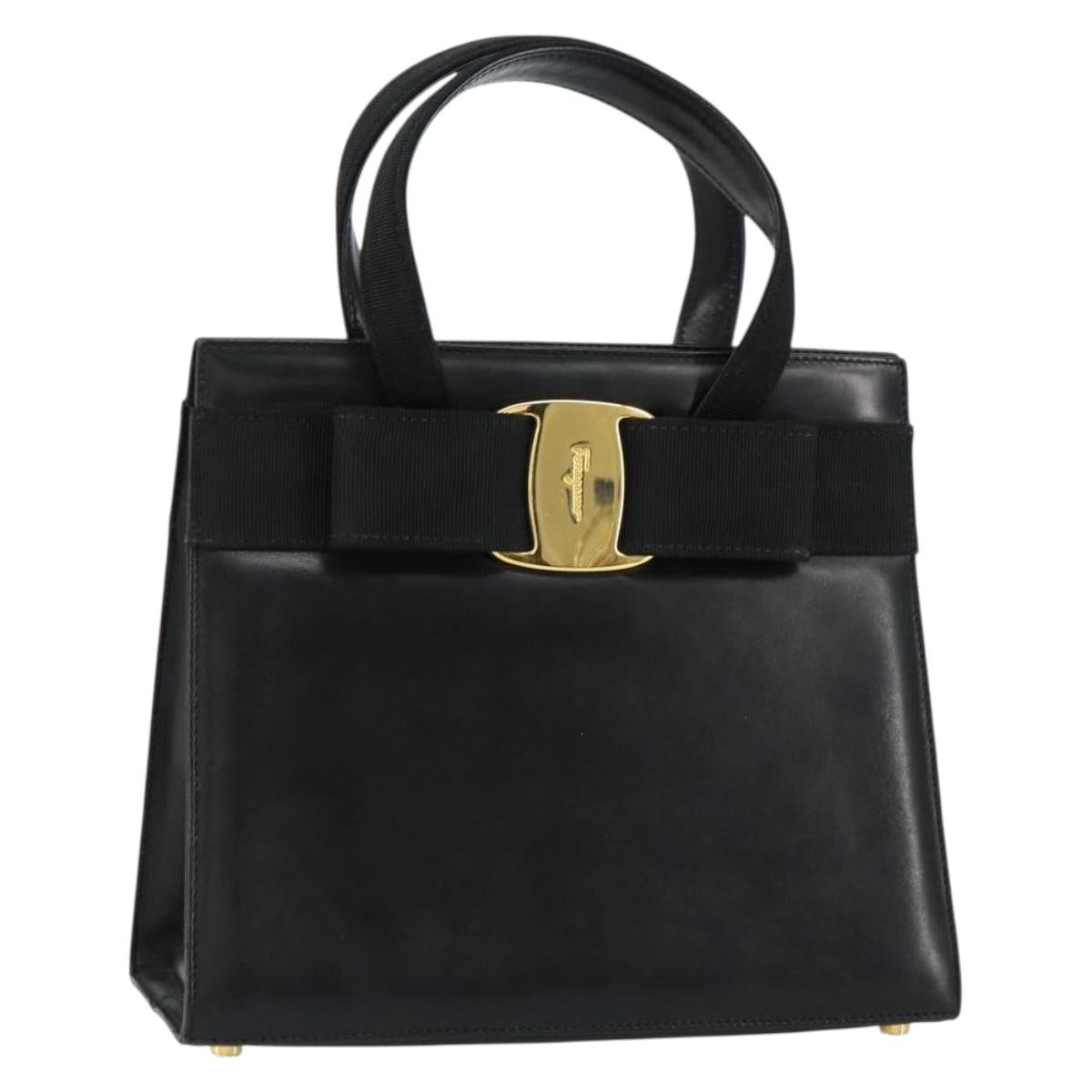 Salvatore Ferragamo Vala Hand Bag Leather Black Gold Auth gh1249