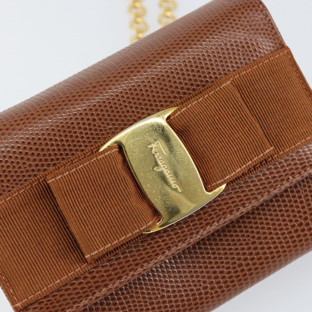 Salvatore Ferragamo Vala Chain Embossed Bag Leather Brown Gold Auth gh1250