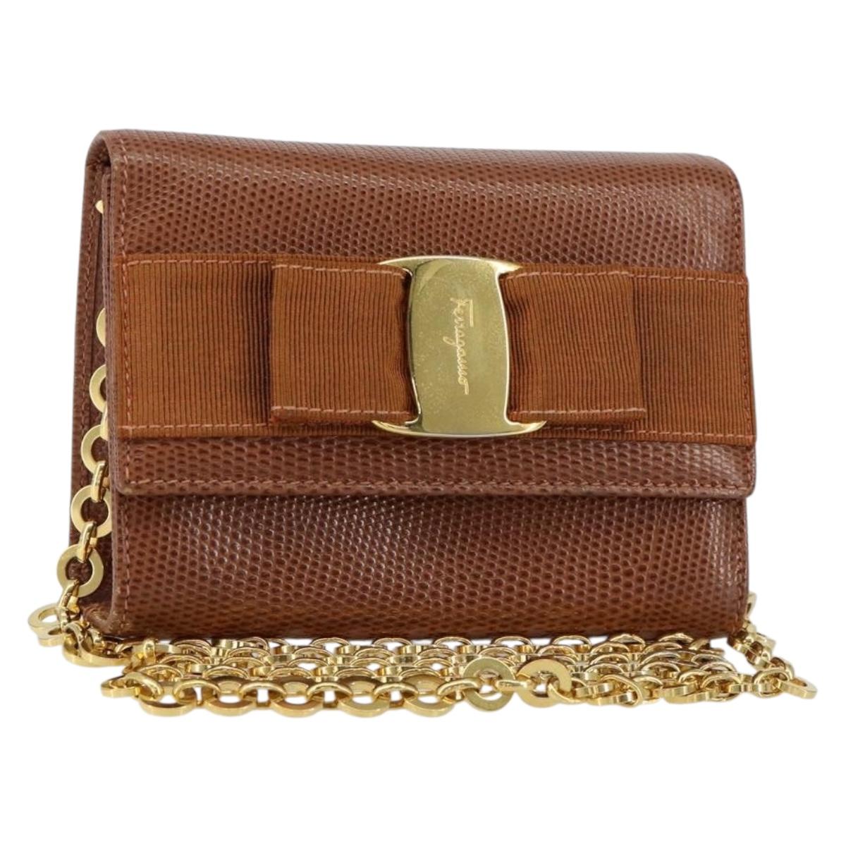 Salvatore Ferragamo Vala Chain Embossed Bag Leather Brown Gold Auth gh1250