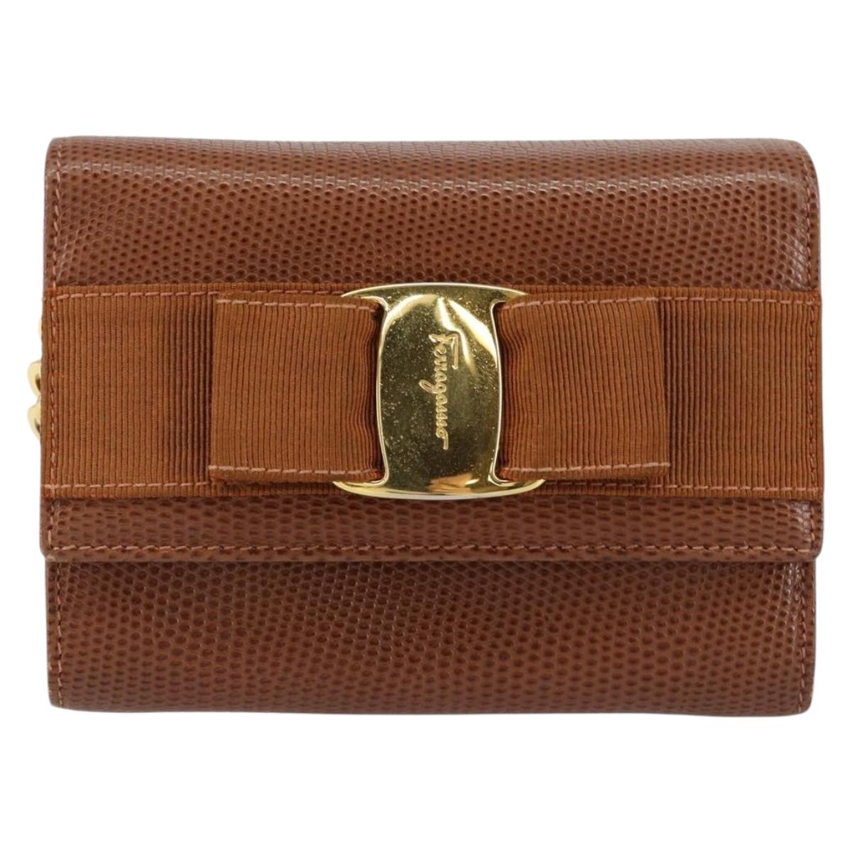 Salvatore Ferragamo Vala Chain Embossed Bag Leather Brown Gold Auth gh1250