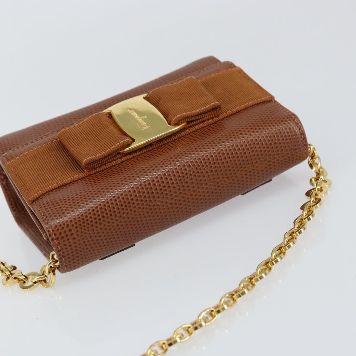Salvatore Ferragamo Vala Chain Embossed Bag Leather Brown Gold Auth gh1250