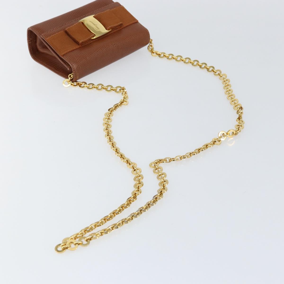 Salvatore Ferragamo Vala Chain Embossed Bag Leather Brown Gold Auth gh1250