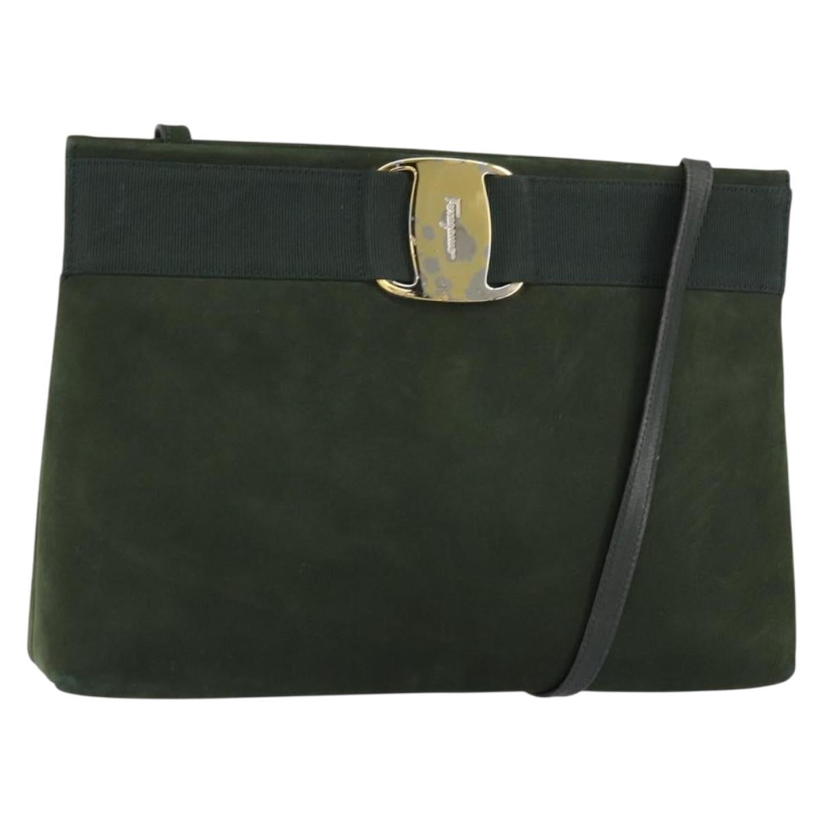 Salvatore Ferragamo Vala Shoulder Bag Suede Khaki Gold Auth gh1252