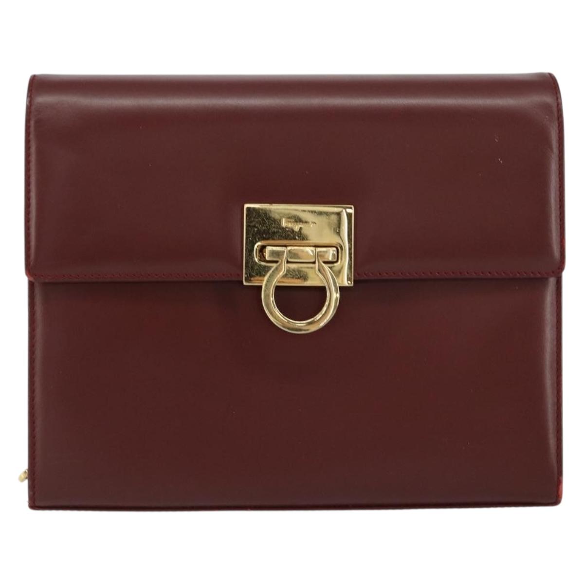 Salvatore Ferragamo Gancini Chain Shoulder Bag Leather Bordeaux Gold Auth gh1253