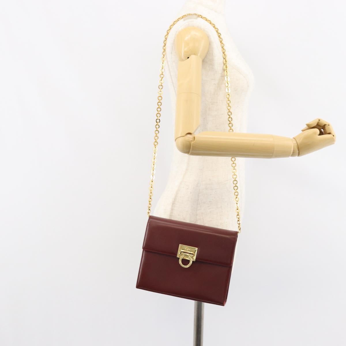 Salvatore Ferragamo Gancini Chain Shoulder Bag Leather Bordeaux Gold Auth gh1253