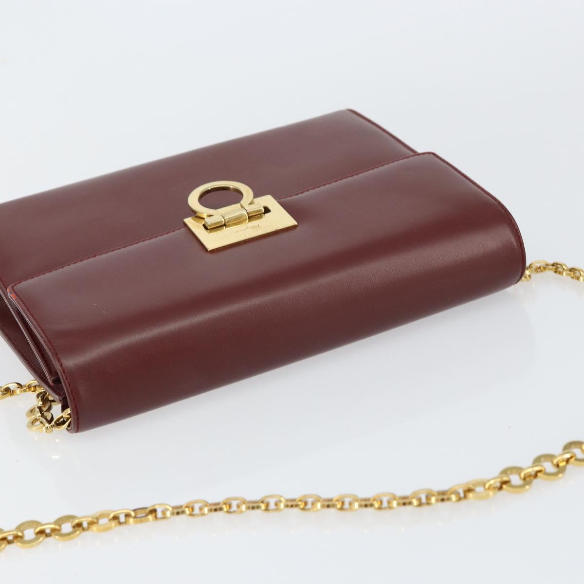 Salvatore Ferragamo Gancini Chain Shoulder Bag Leather Bordeaux Gold Auth gh1253