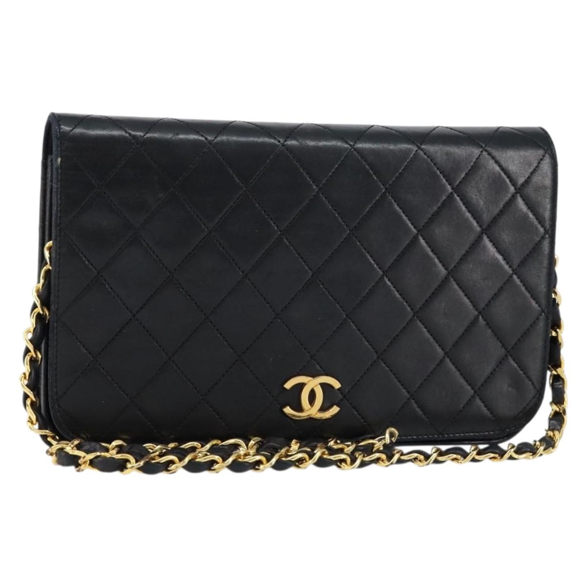 CHANEL Matelasse Chain Shoulder Bag Lamb Skin Black Gold CC Auth gh1276