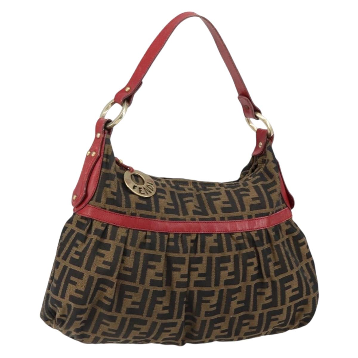 FENDI Zucca Canvas Shoulder Bag Black Brown Auth gh1286