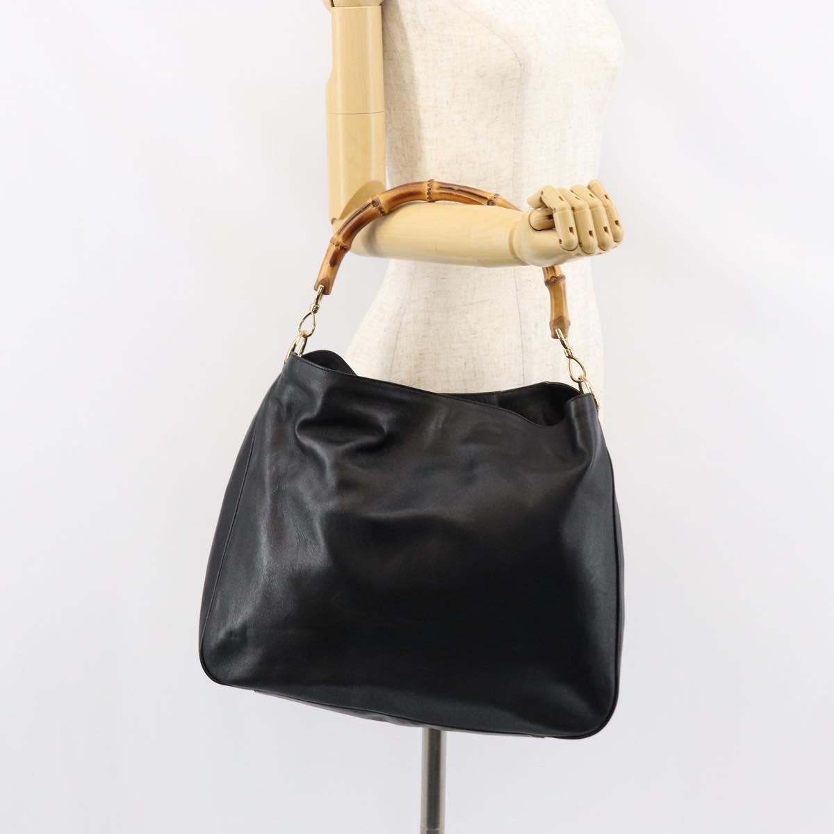 GUCCI Bamboo Hand Bag Leather Gold Black 001 2123 1577 Auth gh1288
