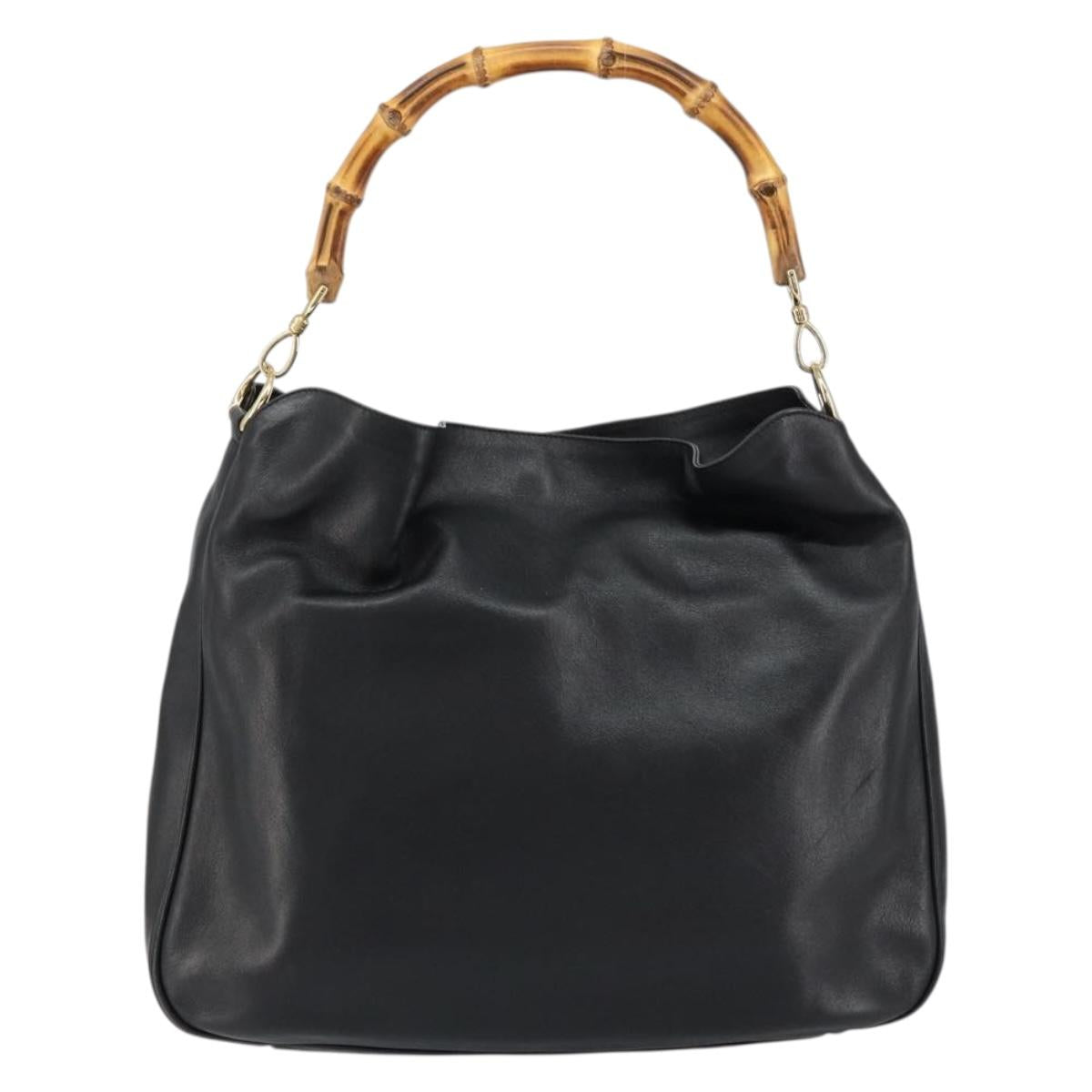 GUCCI Bamboo Hand Bag Leather Gold Black 001 2123 1577 Auth gh1288