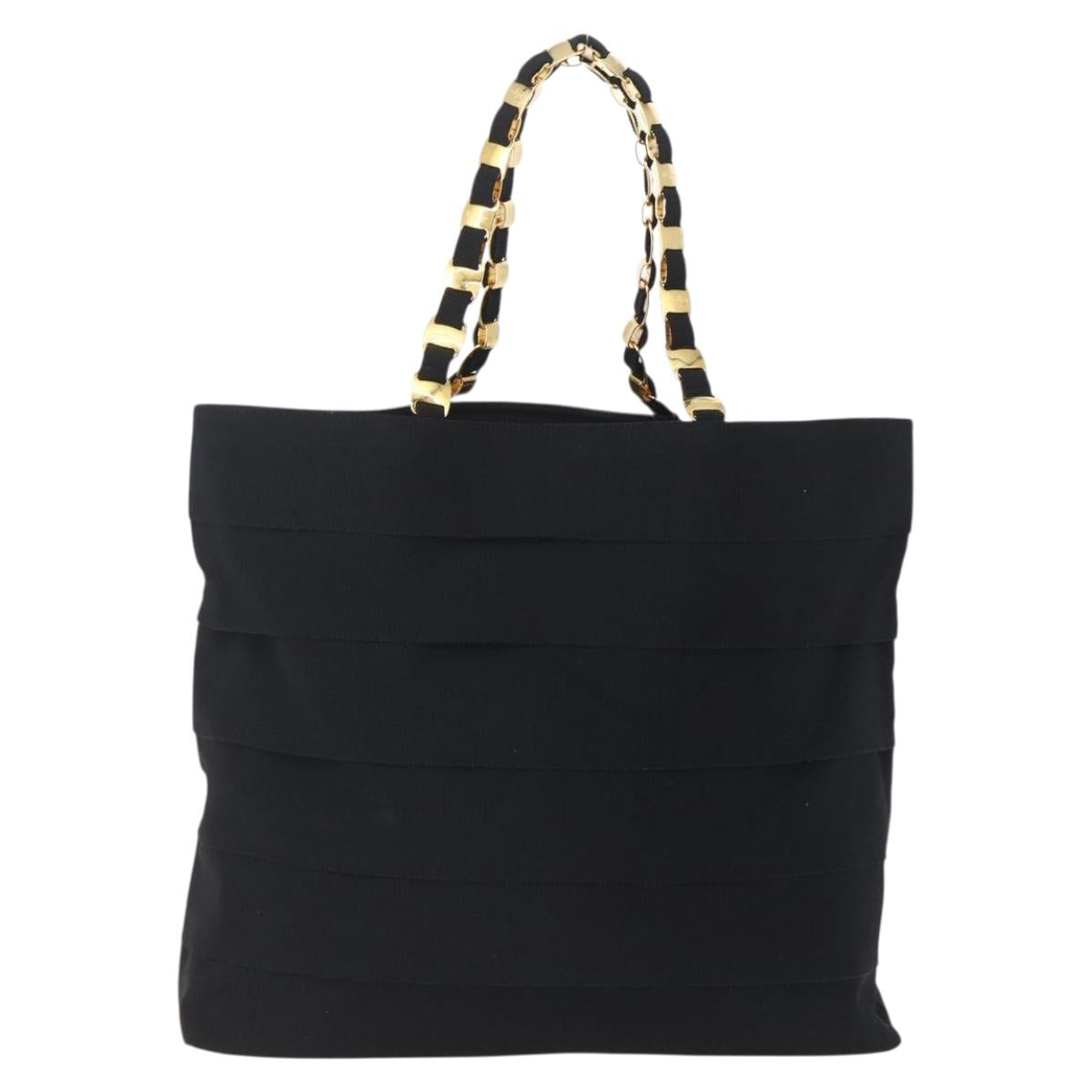 Salvatore Ferragamo Chain Tote Bag Canvas Black Gold Auth gh1290