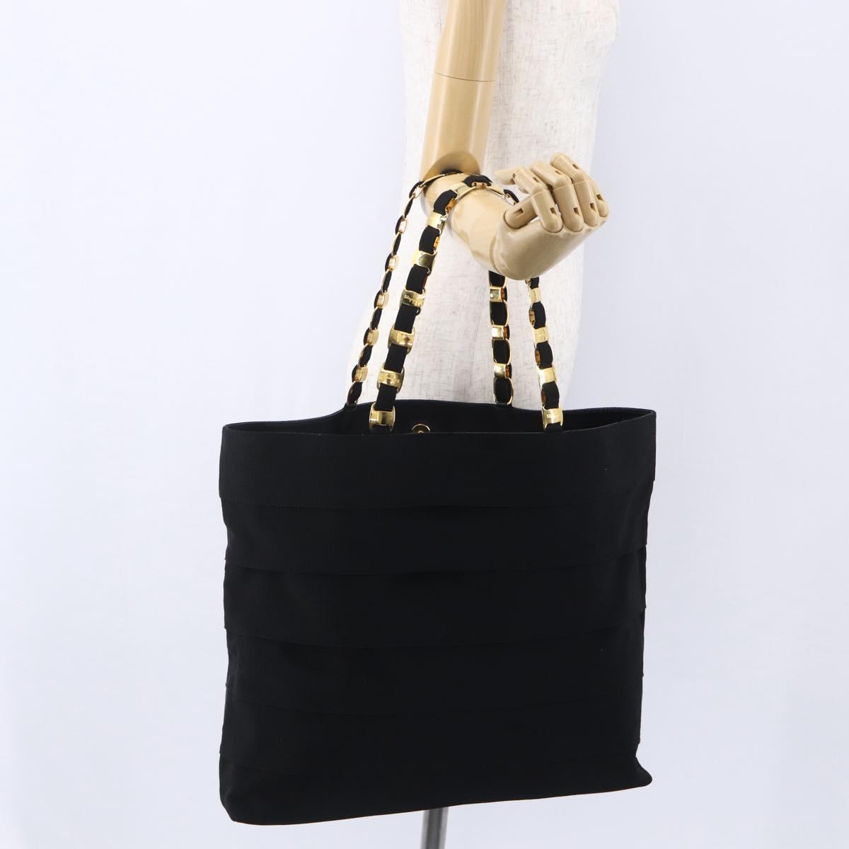 Salvatore Ferragamo Chain Tote Bag Canvas Black Gold Auth gh1290