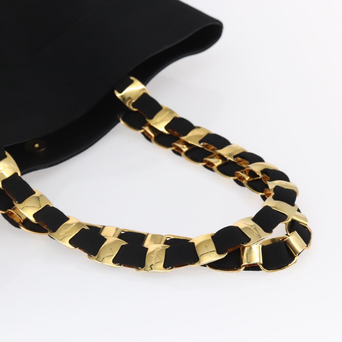 Salvatore Ferragamo Chain Tote Bag Canvas Black Gold Auth gh1290
