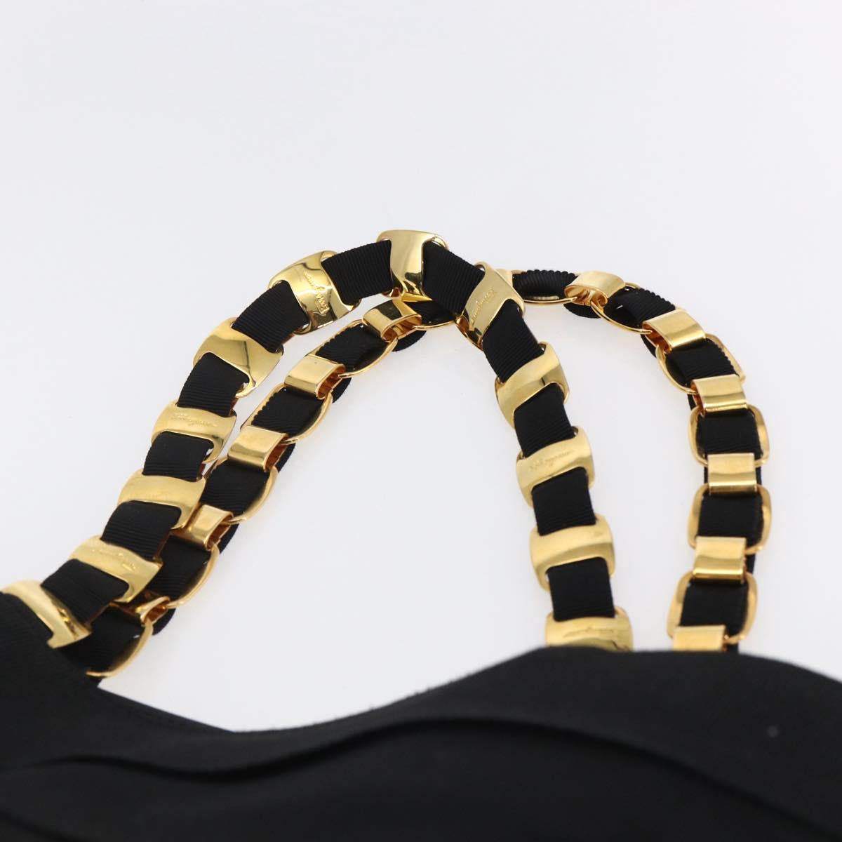 Salvatore Ferragamo Chain Tote Bag Canvas Black Gold Auth gh1290