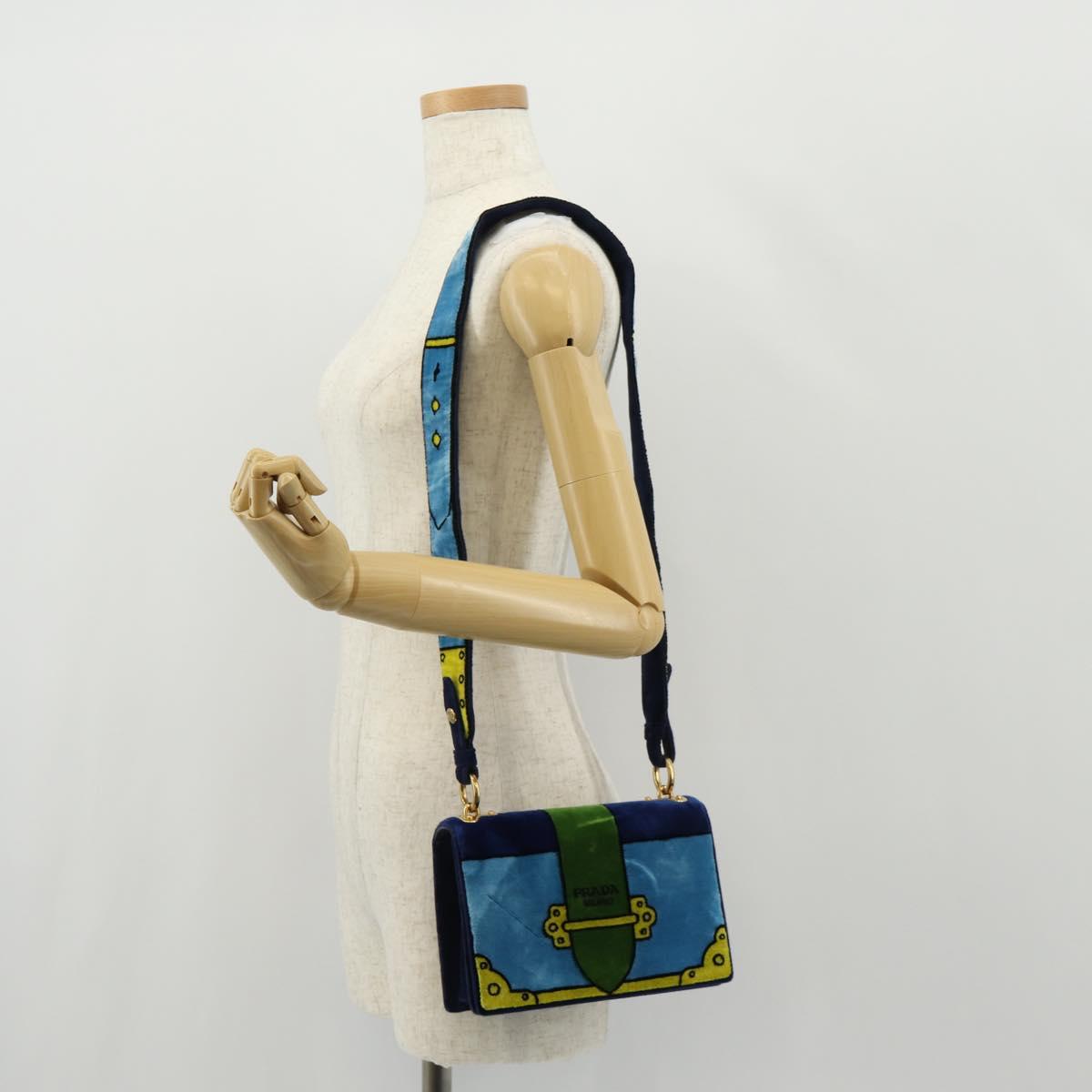 PRADA Kaye Shoulder Bag Velor Blue Gold Auth gh1354M