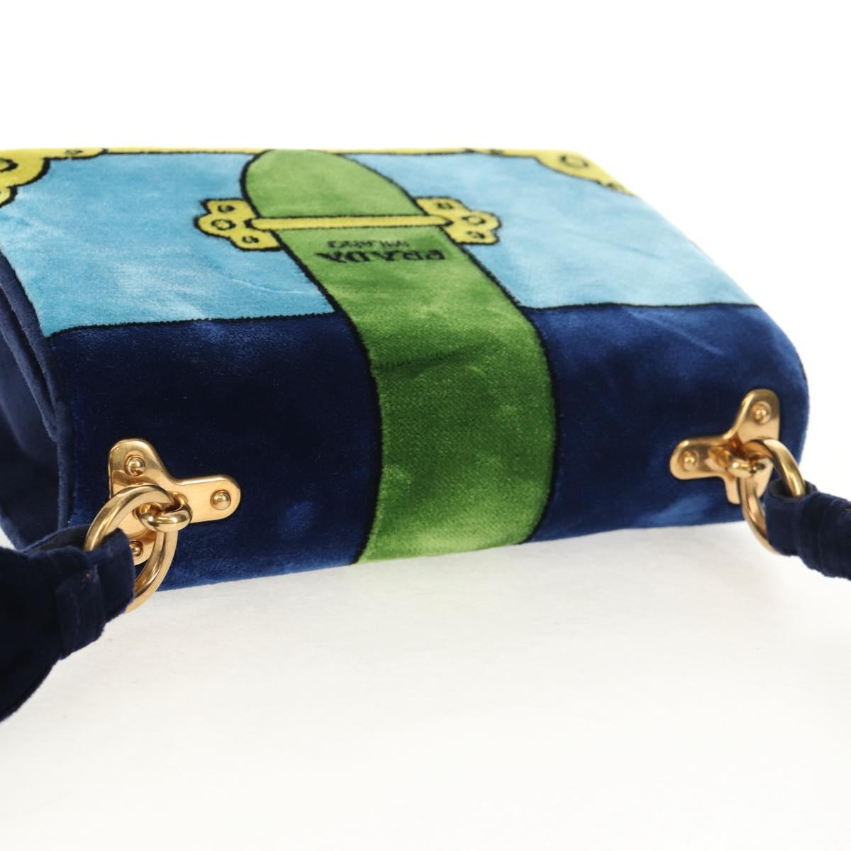 PRADA Kaye Shoulder Bag Velor Blue Gold Auth gh1354M