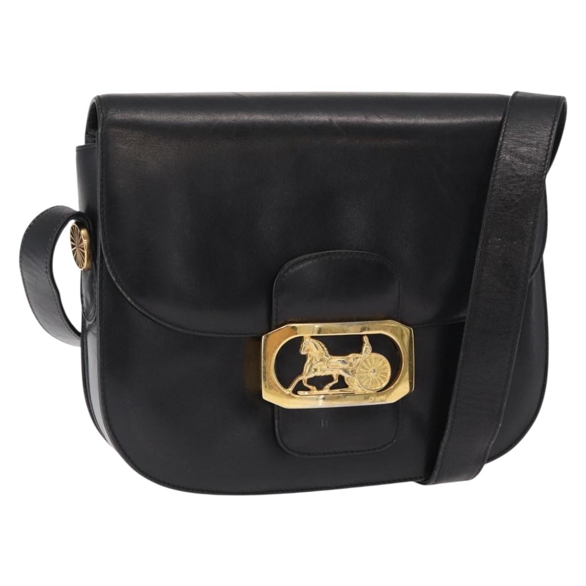 CELINE Horse Carriage Shoulder Bag Leather Black Gold Auth gh1357
