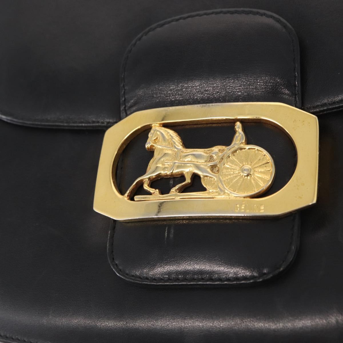 CELINE Horse Carriage Shoulder Bag Leather Black Gold Auth gh1357