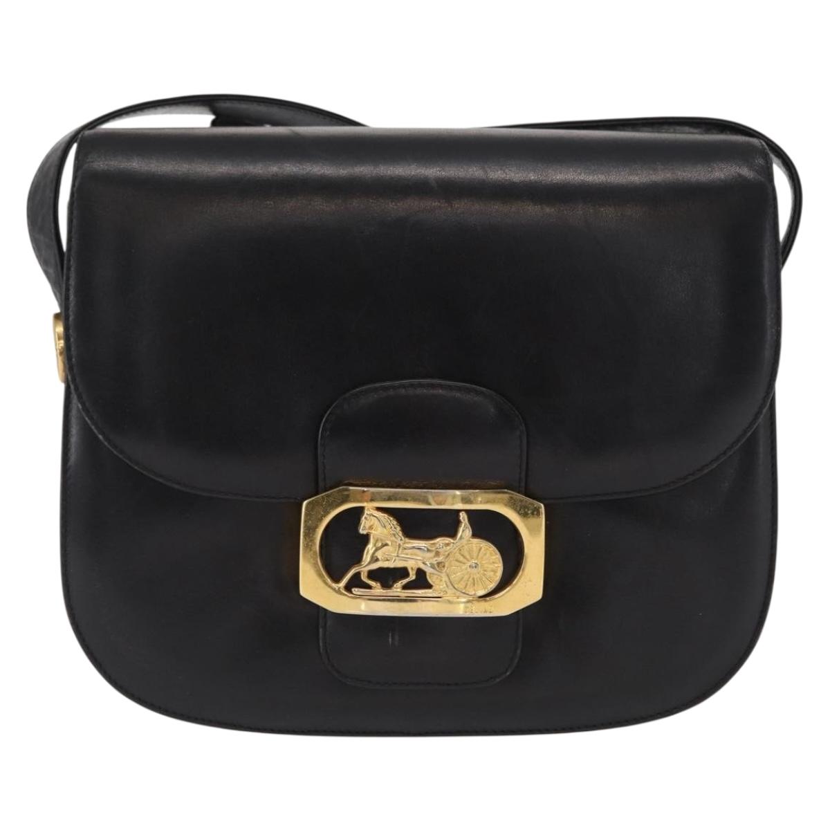 CELINE Horse Carriage Shoulder Bag Leather Black Gold Auth gh1357