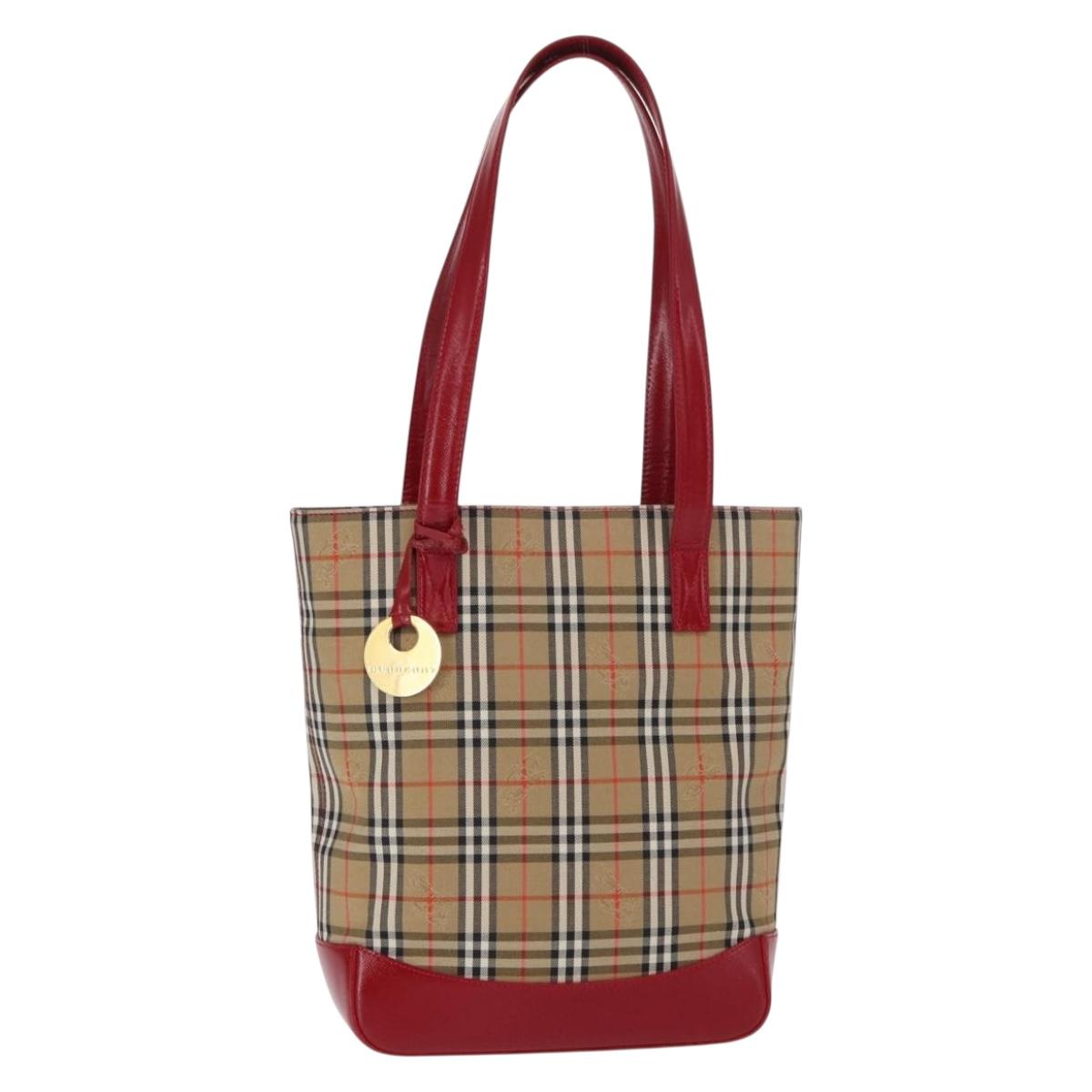 BURBERRY Nova Check Tote Bag Canvas Leather Beige Red gold Auth gh1367