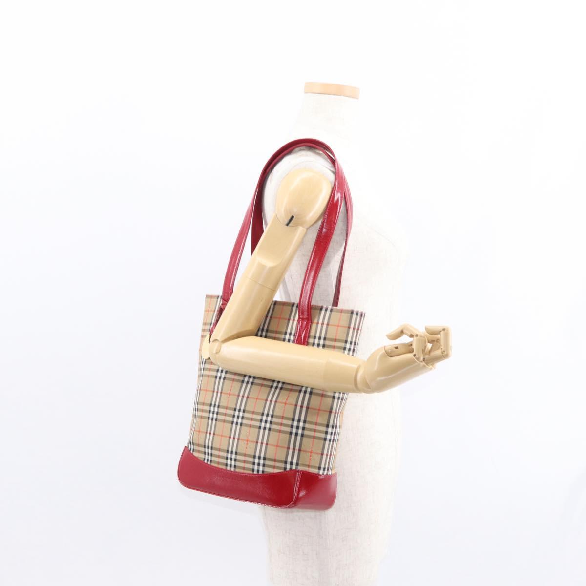 BURBERRY Nova Check Tote Bag Canvas Leather Beige Red gold Auth gh1367