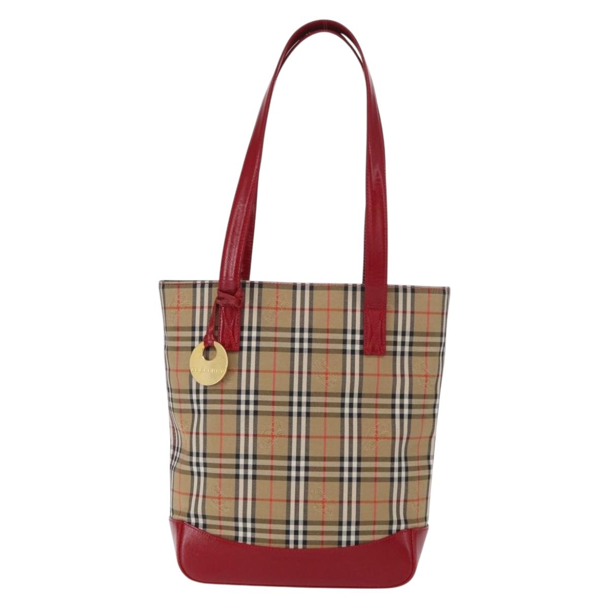 BURBERRY Nova Check Tote Bag Canvas Leather Beige Red gold Auth gh1367